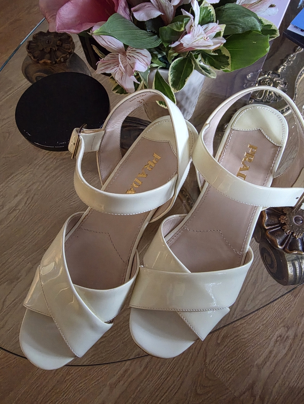 Prada Patent Leather Cream Color Nib Crisscross Wedge Sandals Size 37